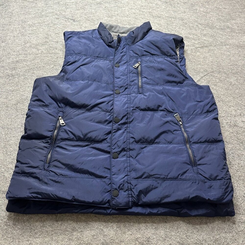 Orvis Essex Duck Down Puffer Vest Men L Blue Snap Zip Pockets Nylon Jacket